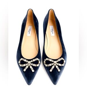 L.K. Bennett Navy Velvet Jeweled Pointed Flats EU 42 / US 10.5–11